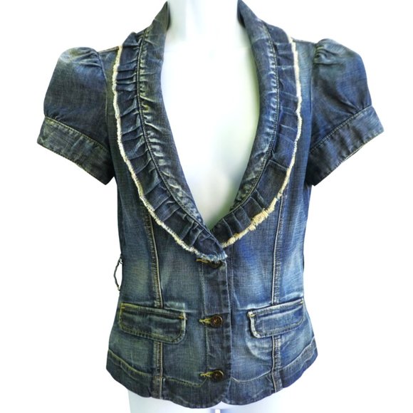 Guess Vintage Y2K Denim Puff Short Sleeve Blazer Jacket Pockets Ruffle Shawl M - Picture 4 of 6